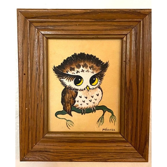 vintage 1970s Baby Owl SmallPainting, 6x7” signed by the original artist.